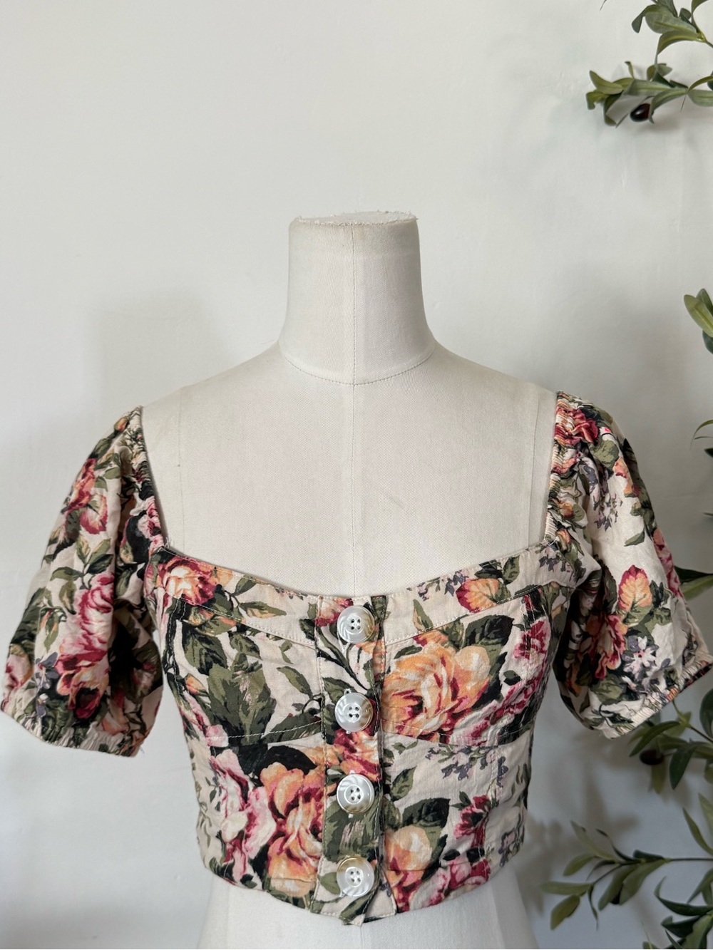 Olivaceous Floral Linen Blend Puff Sleeve Corset Crop Top Size S Cottagecore